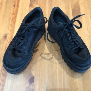 Jeffrey Campbell black satin platform tennis shoes